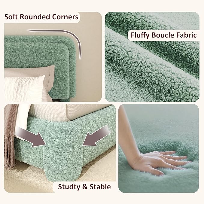 Full Boucle Platform Bed Frame with Height Adjustable Headboard, Modern Upholstered Cloud Bed, Sleek Curved Design, No Box Spring Needed, Easy Assembly, Noise Free,Green