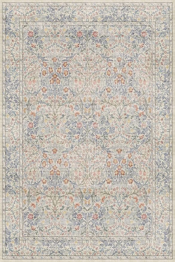 Vintage Washable Beige Blue Area Rugs for Bedroom Under Bed, Living Room, Nursery, Kitchen, Entryway, Low Pile Non Slip Stain Resistance Distressed Retro Indoor (Beige Blue, 4 x 6)
