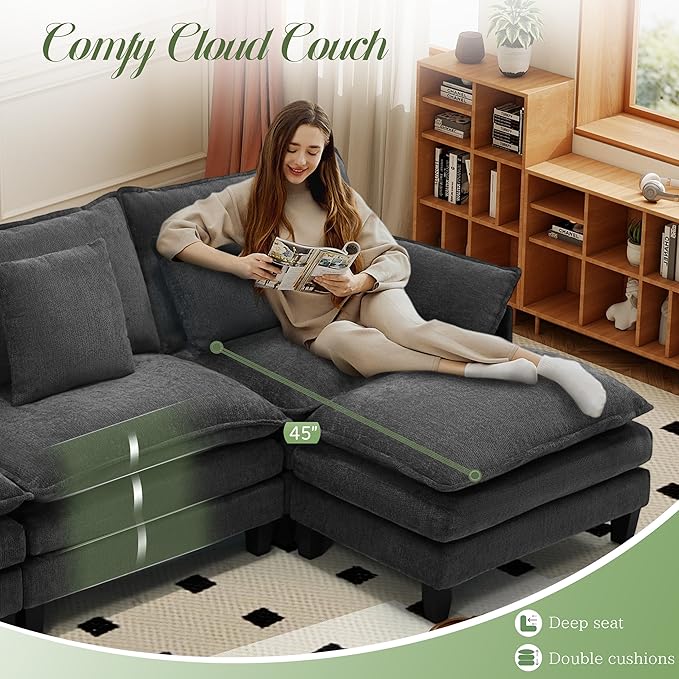 Modular Sectional Sofa, Comfy Cloud Couch with Movable Ottoman, Deep Seat Couches for Living Room, Bedroom and Apartment, 106" L Shaped Modern Sofa with Pillows, Grey
