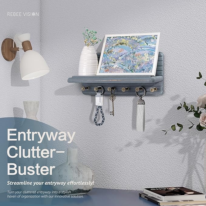 Rebee Vision Pine Wood Key Holder Wall Mount for Home Organization Accent – Wooden Key Holder for Wall with 6 Hooks & Floating Shelf - Elegant Room Decor Aesthetic (Royal Blue)