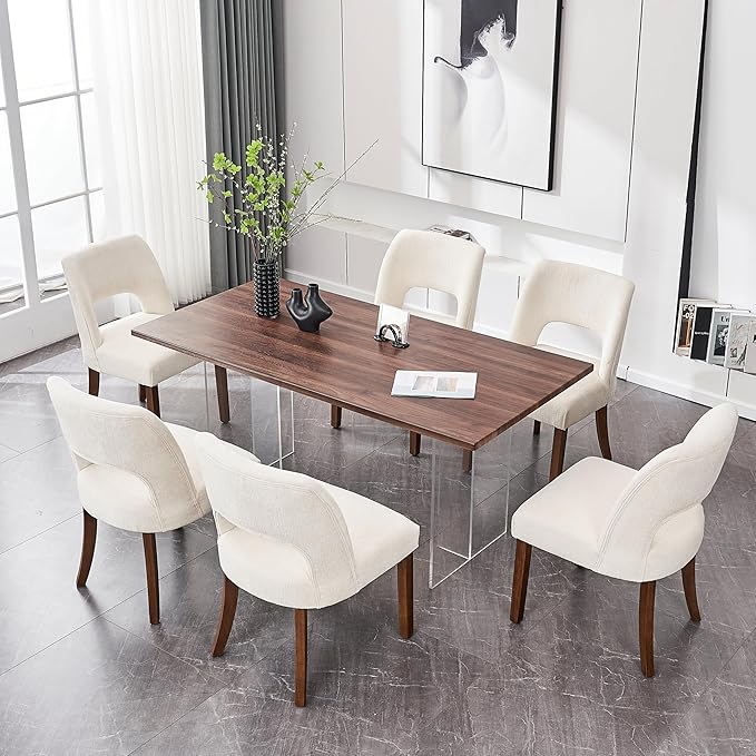VKNOW Wooden Dining Chairs Set of 6, Modern Fabric Upholstered Dining Room Chair Kitchen Chairs, Farmhouse Dinner Chair for Kitchen Dining Room, Cream