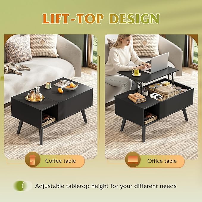 WLIVE Coffee Table for Living Room, Small Coffee Table with Storage, Lift Top Modern Wooden Dining Center Table with Storage Shelf & Hidden Compartment, 31.5" Black