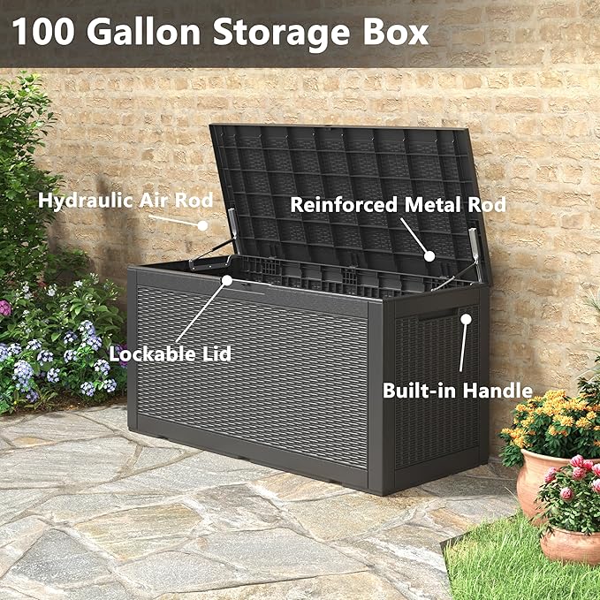 Outdoor Storage Box, Resin Deck Boxes Indoor and outdoor, Waterproof Storage Box Lockable Lid (Black, 100 Gallon)
