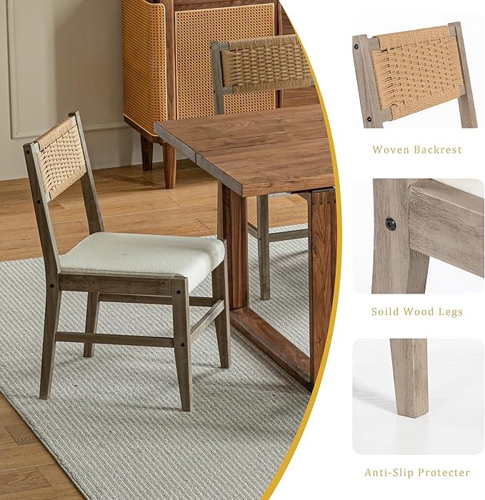 Chogori Wooden Dining Chairs, Modern Farmhouse Kitchen & Dining Room Accent Side Chairs with Woven Rope Back and Fabric Upholstered for Home, Living Room (Gray, Set of 2)