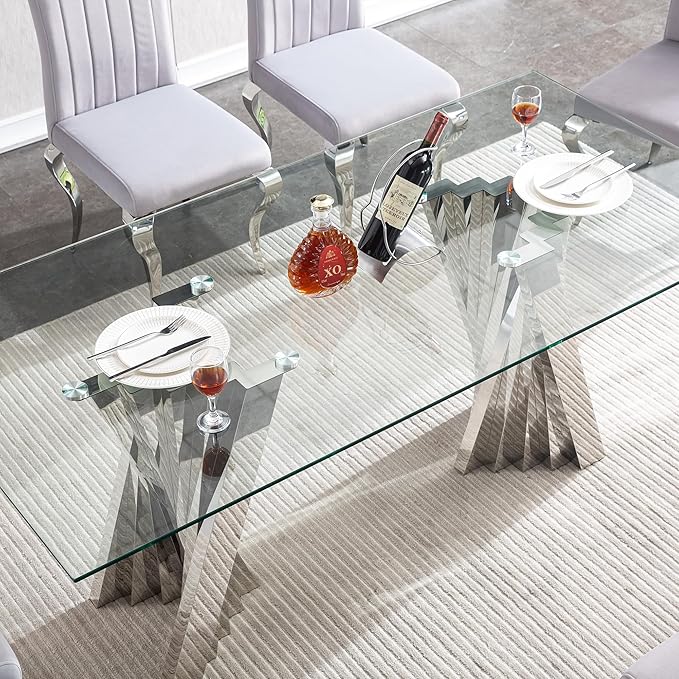 HomVent 70.08" Rectangular Clear Tempered Glass Dining Table,Stylish Design with Silver Stainless Steel Legs, Dining Table for Dining Room