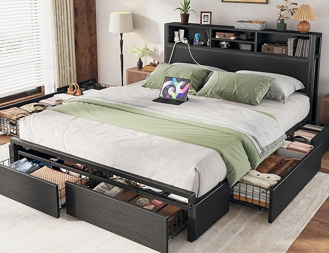 EnHomee Queen Bed Frame with 6 Storage Drawers Queen Size Bed Frame with Headboard, Storage Bed with Charging Station, No Noise,No Box Springs Needed,Black