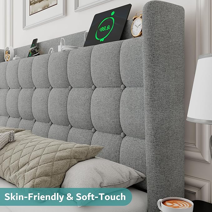 iPormis Full Size Upholstered Platform Bed, Button Tufted Wingback Bed Frame with Charging & Storage Headboard, No Box Spring Needed, Light Gray