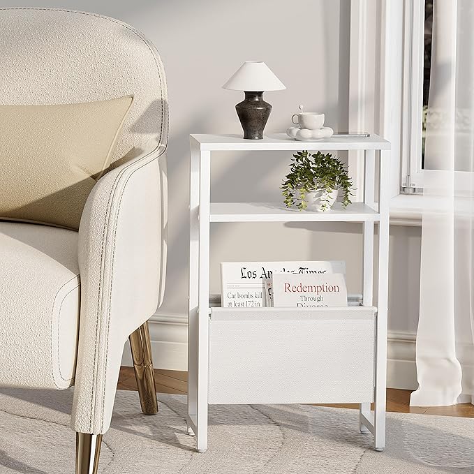 Narrow Side Table, Slim End Table with Magazine Rack, Bedside Table for Small Spaces, 3 Tier Sofa Couch Table Nightstand for Living Room, Bedroom, White LET503W