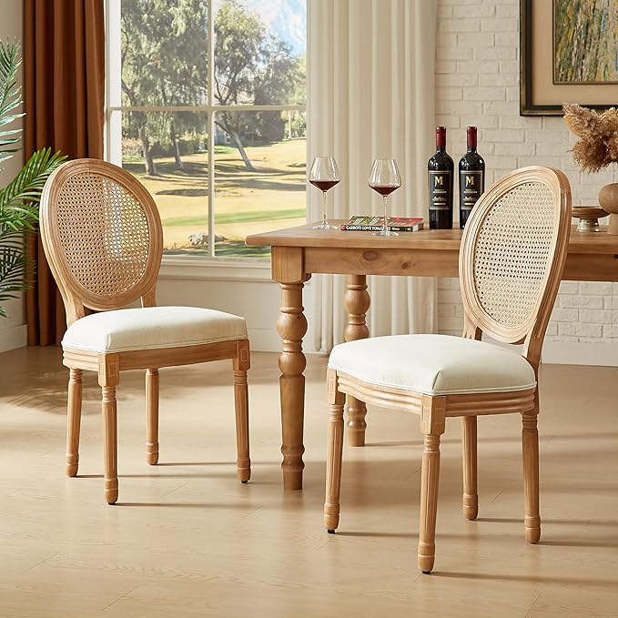 Nrizc French Country Dining Chair Set of 2, Vintage Chic, Upholstered and Carved Wooden Frames, Beige Linen Fabric, Lightweight and Sturdy, Ideal for Dining Room, Kitchen, Living Room, Bedroom