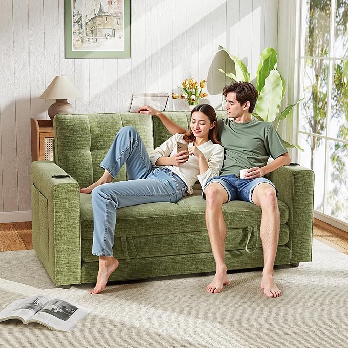 WorthFurni Convertible Sofa Bed, Folding Sofa Bed 2 in1 Pull Out Loveseat Sleeper Sofa, Floor Sofa Bed for Small Spaces Folding Couch Bed with Pillows for Living Room Bedroom - Green