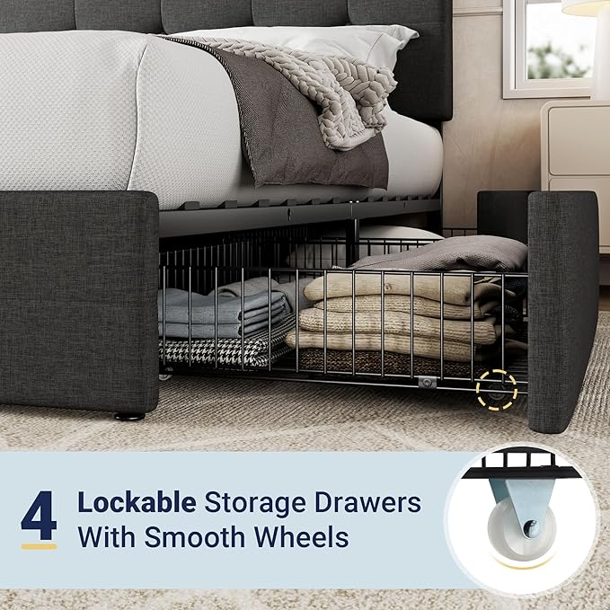 Allewie Upholstered King Size Platform Bed Frame with 4 Storage Drawers and Headboard, Square Stitched Button Tufted, Mattress Foundation with Wooden Slats Support, No Box Spring Needed, Dark Grey