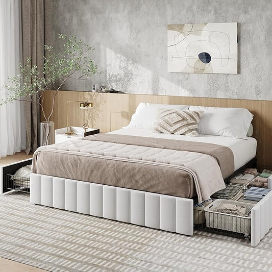 Allewie Queen Size Platform Bed Frame with 4 Large Storage Drawers, Velvet Vertical Channel Tufted Upholstered Bed Base, Wooden Slats Support, Noise-Free, No Box Spring Needed, Easy Assembly, White