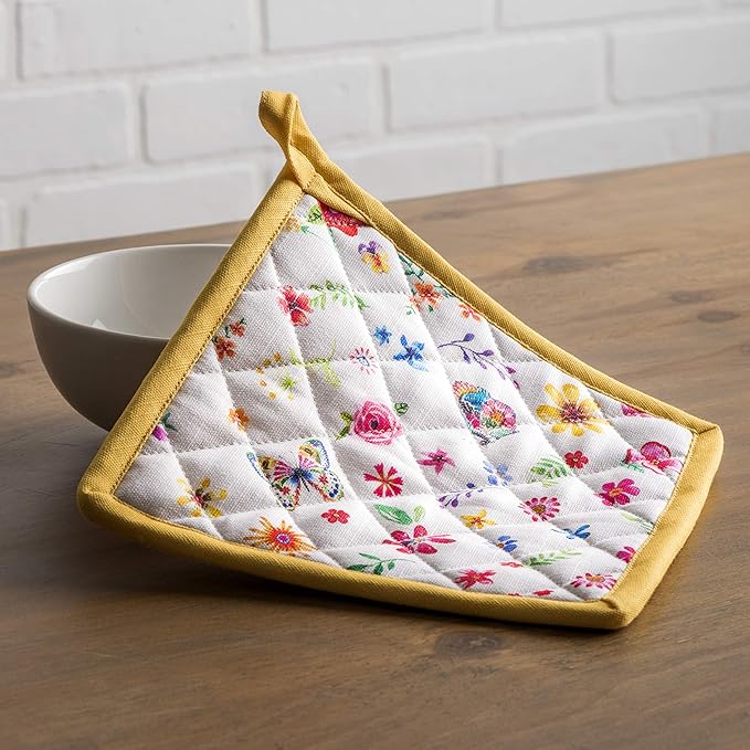 Maison d' Hermine 100% Cotton Oven Mitt & Pot Holder Set (7.5"x13" & 8"x8") Heat Resistant BBQ Cooking Gloves with Loop, Grilling, Kitchen, Handling Hot Pans Spring/Summer (Happy Florals - Sweety)