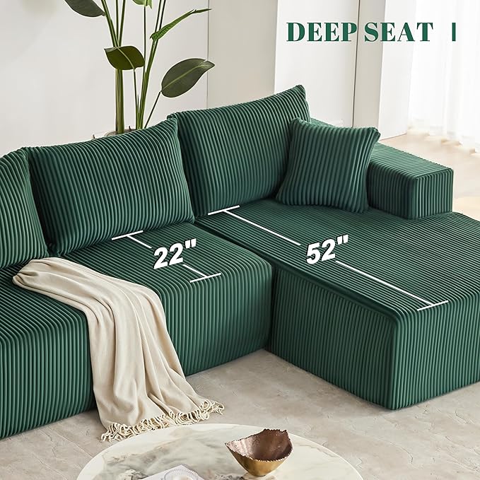 108” Modular Sectional Sofa, Cloud Sectional Couch with Deep Seat, Modern Modular L-Shape Sofa with Chaise,Upholstered Boneless Couches for Living Room Bedroom (Corduroy, Green)