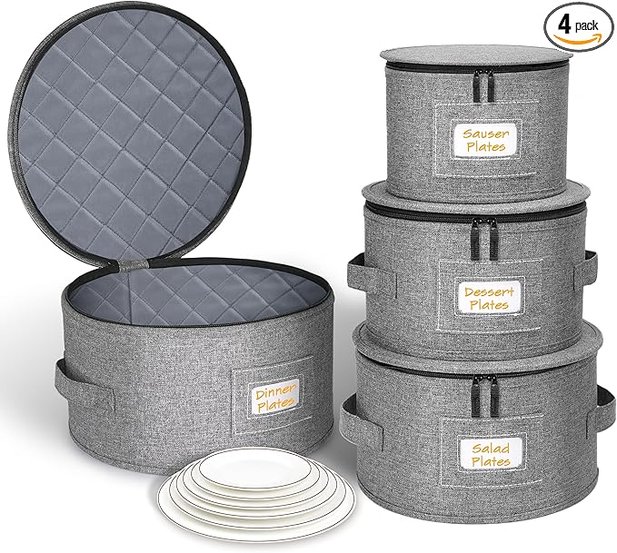 punemi China Storage Containers, Dish Storage with Rigid Top Side Bottom Support & Felt Dividers for Charger Plates Dinnerware, Perfect for Moving Supplies, 4 set Stackable Fine China Storage, Gray