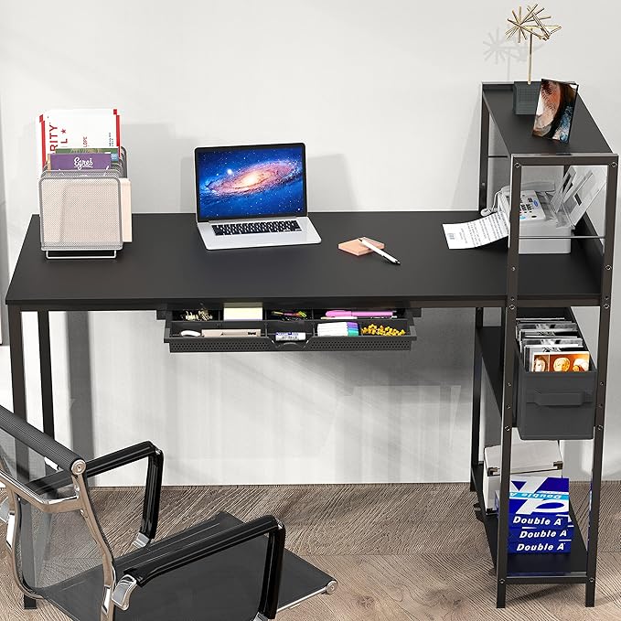 SHW 46-Inch Home Office Mission Computer Desk with Side Shelf and Drawer, Black