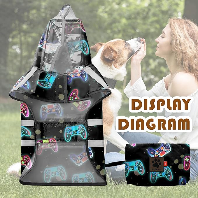 Dog Raincoat, Adjustable Dog Rain Jacket with Clear Hooded Double Layer for Large Medium Small Dogs Puppies, Waterproof Rain Coat Poncho Game Controller, Black-L
