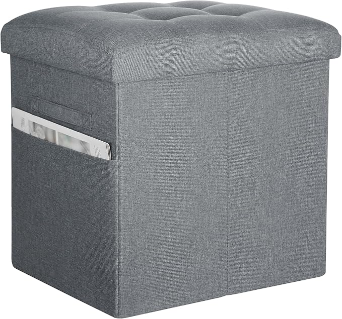 Storage Ottoman Foot Rest, 61L Slim Tall Folding Linen Foot Stool with Thicker Foam Padded Seat. Small Ottoman with Storage Bench for Bedroom Living Room, 300lbs Weight Support, 17x13x13IN, Light Gray