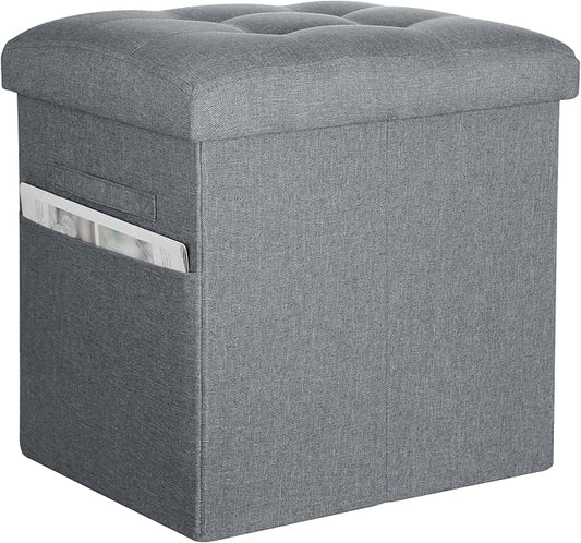 Storage Ottoman Foot Rest, 61L Slim Tall Folding Linen Foot Stool with Thicker Foam Padded Seat. Small Ottoman with Storage Bench for Bedroom Living Room, 300lbs Weight Support, 17x13x13IN, Light Gray