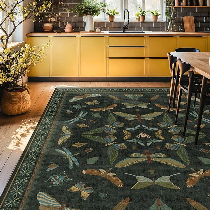 7x9 Insect Dark Green Rugs for Living Room, Boho & Forest Design Area Rug for Dining Room Under Table, Bedroom, Unique Washable Floral Non Slip Low Pile Soft Rug