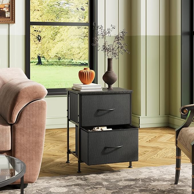 WLIVE Black Nightstand Set of 2, Night Stand with 2 Fabric Drawers, Small Dresser for Bedroom, Bedside Tables for Small Spaces, Dorm, Wood Top