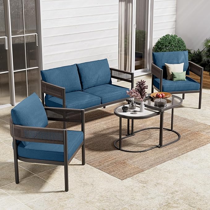 Grand patio 5-Piece Outdoor Furniture Set, 4 Seats Wicker Sofa Conversation Set with Thick Cushions and Coffee Table, for Backyard, Balcony, Garden (Peacock Blue)