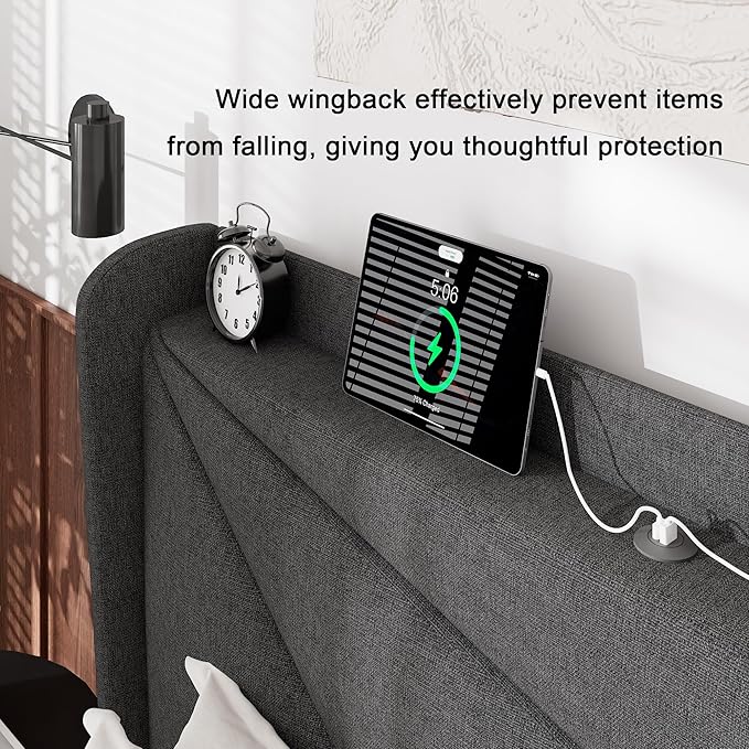 Feonase Full Size Bed Frame with Charging Station, Upholstered Linen Bedframe with Wingback Headboard, Solid Wood Slats Support, Noise Free, No Box Spring Needed, Charcoal Grey