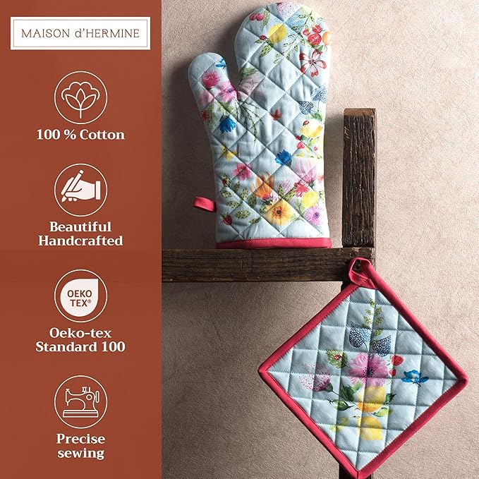 Maison d' Hermine 100% Cotton Oven Mitt & Pot Holder Set (7.5"x13" & 8"x8") Heat Resistant BBQ Cooking Gloves with Loop, Baking, Grilling, Kitchen, Handling Hot Pan Spring/Summer (Jardin D'Ete - Mint)