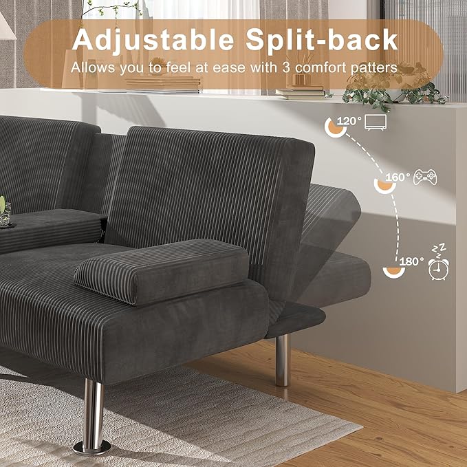 Shahoo Modern Upholstered Convertible Folding Futon Sofa Bed with Removable Armrests, Metal Legs, 2 Cup Holders for Living Room, Grey