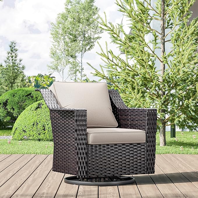 Wicker Patio Swivel Chairs, Outdoor Rocking Chair with Wide Armrest, Thickened Cushions, Patio Rattan Furniture for Deck, Porch Use