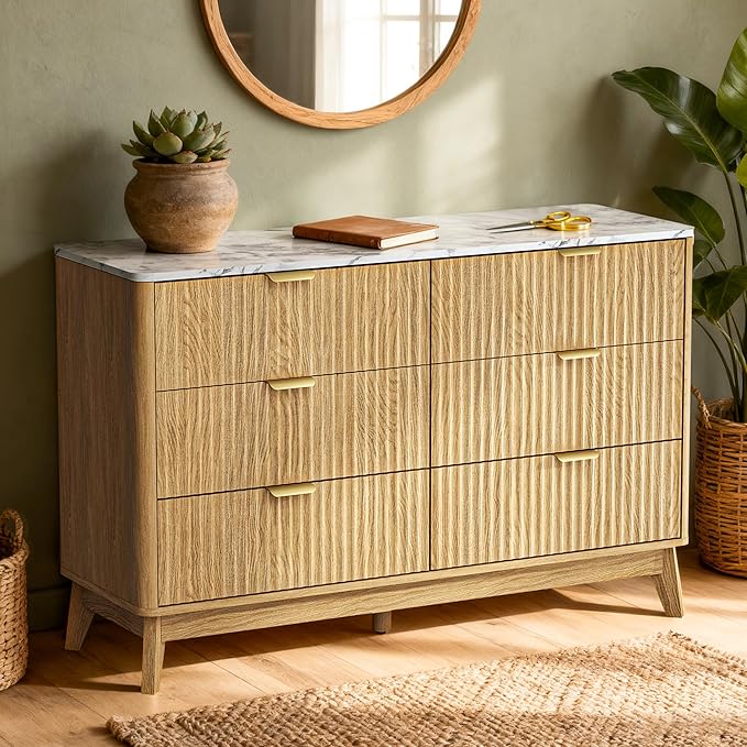 47" Wide Storage Cabinet, Fluted Chest of Drawers with Curved Edges, Wooden Buffet Cabinet with 6 Drawers, Modern Credenza with Faux Marble Top for Living Room, Hallway, Natural