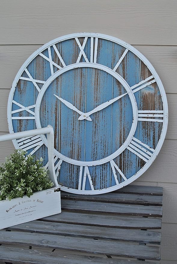 18" Coastal Wall Clock - Metal & Solid Wood Noiseless Weathered Beach Blue Wall Clock