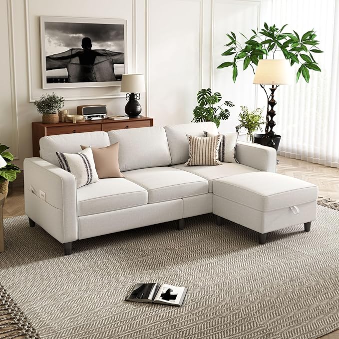 Small Sectional Couch, L Shaped Sectional White Couch in a Box, Small Couches with Ottoman, 3 Seater Sofa for Living Room, Apartment, Dorm, Office