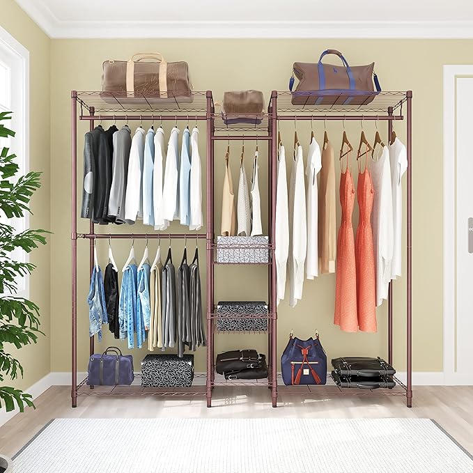 Xiofio 6 Tiers Heavy Duty Clothes Rack, Metal Clothing Rack,Clothing Storage Organizer,Garment Rack with Basket,Hanging Adjustable Garment Rack,65.0" L x 15.7" W x 76.0" H,Max Load 800LBS,Bronze