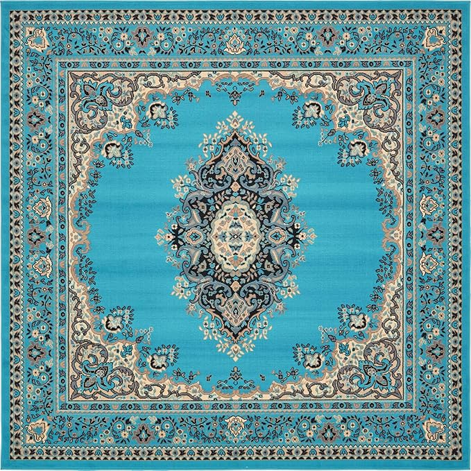 Unique Loom Reza Collection Traditional Persian Style Area Rug, 8' 0" x 8' 0", Turquoise/Ivory