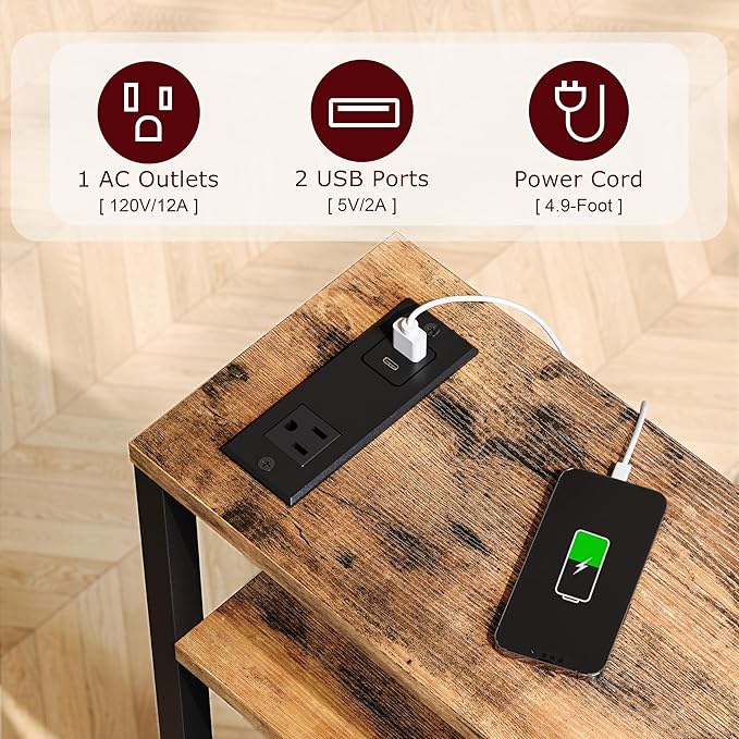 Narrow Side Table with Charging Station Slim End Table Sofa with Magazine Rack, Bedside Table for Small Spaces, 3 Tier Nightstand for Living Room Couch, Bedroom Rustic Brown LET503RE