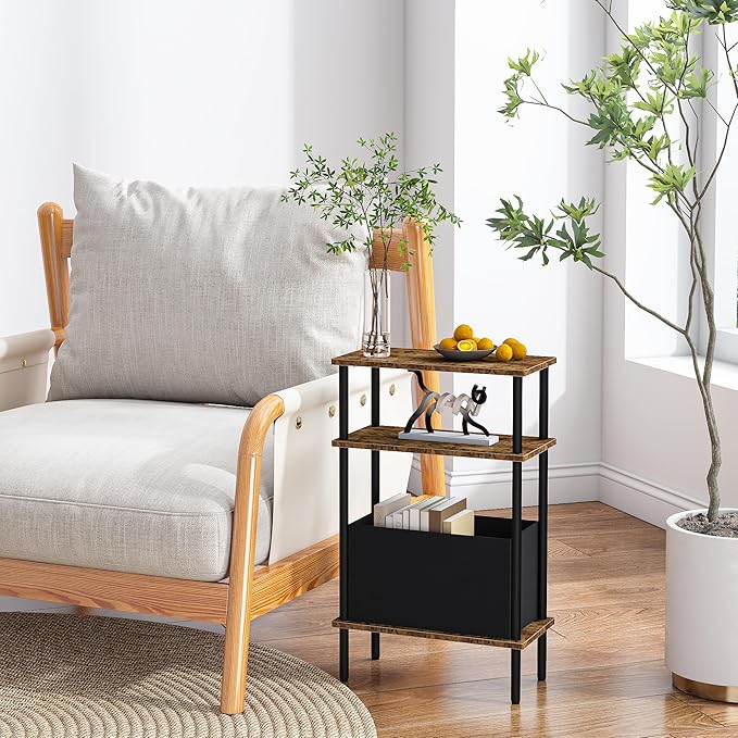 Narrow Side Table with Fabric Basket, Set of 2 End Table for Small Spaces, Slim Nightstand with 3-Tier Storage Shelf, Sofa Beside Table, for Living Room, Bed Room, Rustic Brown