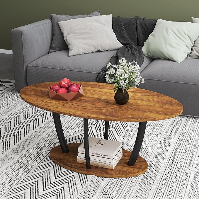 Manora Rustic Small Oval Coffee Table for Living Room, Narrow Wood Center Table with Shelf, Retro Style Coffee Table with Curved Metal Legs, Stable and Easy Assembly, Rusric Brown