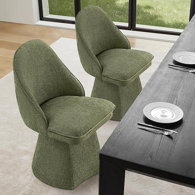Swivel Dining Chairs Set of 1, Upholstered Mid Century Modern Deskchair with Round Back, Linen Fabric Kitchen Chairs for Dining Room, Bedroom, Dressing Room, Moss Green