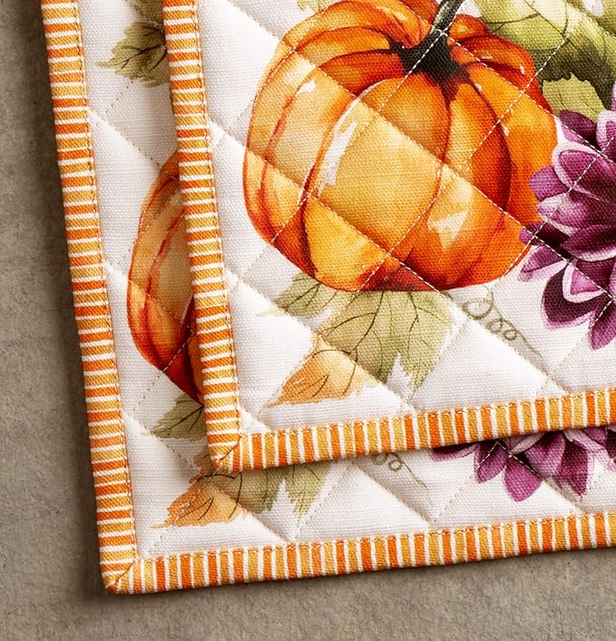 Maison d' Hermine Pot Holders Set 100% Cotton Heat Resistant Potholders 8" x 8" Hot Pads with Loop for Thanksgiving Christmas Decorations Handling Hot Pans (Pack of 2, Pumpkin Garden - Cloudy Cream)