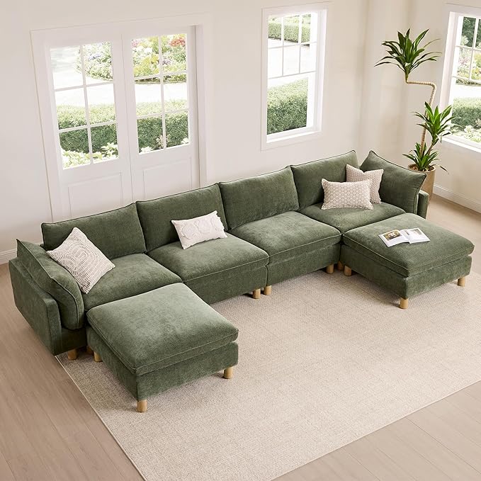 CHITA 127" Super Large Sectional Couches for Living Room, Modular Cloud Couch Sectional Sofa, Premium Fabric Couches, Down Filled, High Density Foam, Chenille in Green, 4 Seat L Shaped