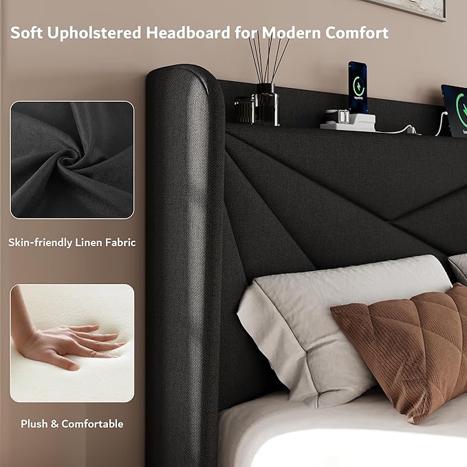 iPormis Queen Size Bed Frame with Charging Station, Linen Platform Bed Frame with Wingback Headboard Upholstered Bedframe, Solid Wood Slats Support, No Box Spring Needed, Easy Assembly, Black