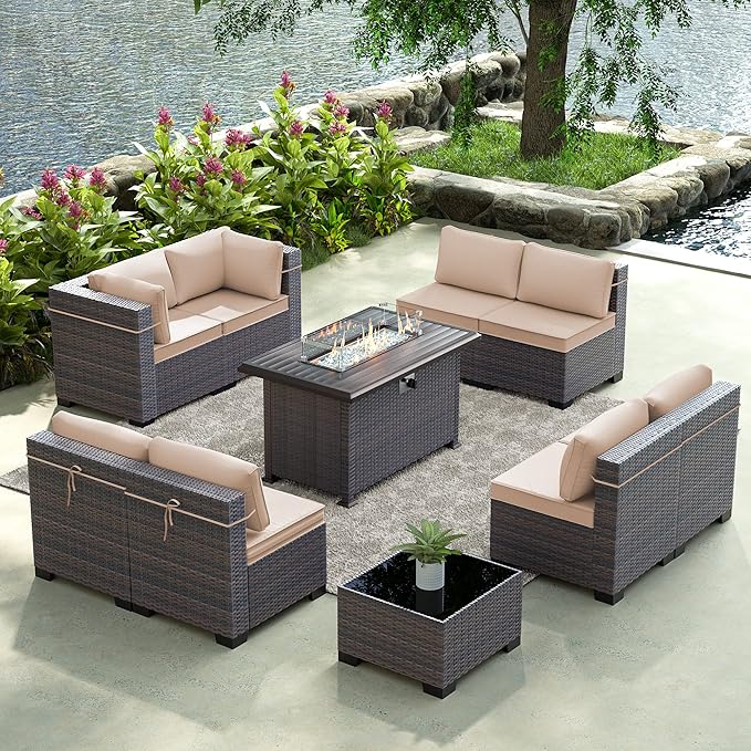 Gotland 10 Pieces Patio Furniture Set with Fire Pit Table, All Weather Rattan Outdoor Furniture with 29.5'' High Backrest 4’’ Thick Cushions Coffee Table, Outdoor Sofa for Deck, Garden, Khaki