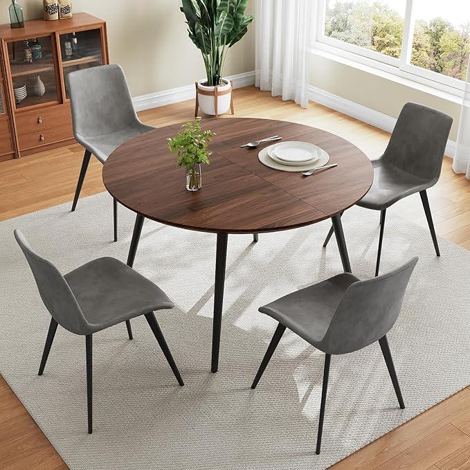 43.3"-59.1" Extendable Round Dining Table Set of 4, Mid Century Wooden Round Kitchen Table, Coffee Table for 4-6 Person, 4 Gray PU Leather Chair