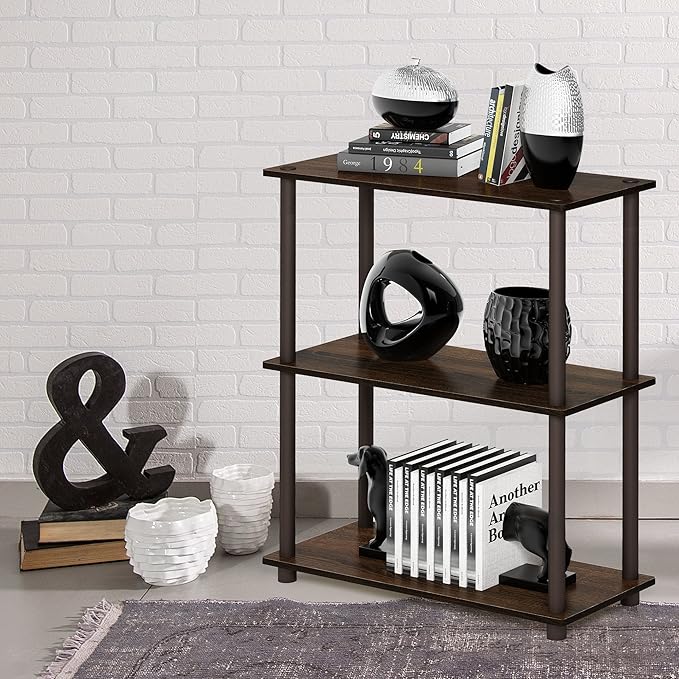 Furinno TURN-N-TUBE Storage Shelves, 3-Tier Book Shelf, Corner Shelf, Toolless Open Shelves, for Organization and Storage, Living Room, Garage, Home Office, Walnut
