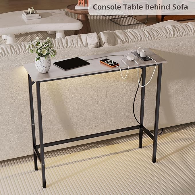 Narrow Console Table with Led Light and Charging Station，29.5" Small Entryway Table，Display Table，Entryway Hallway Thin Sofa Table Behind Sofa, Small Spaces, Living Room, Gray