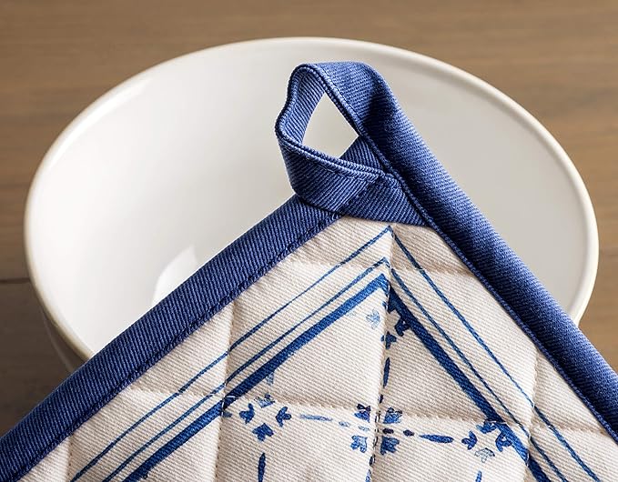 Maison d' Hermine Pot Holders Set 100% Cotton Heat Resistant Potholders 8" x 8" Hot Pads with Loop BBQ, Cooking, Baking, Grilling, Kitchen, Handling Hot Pans Spring/Summer (Pack of 2, Faience)