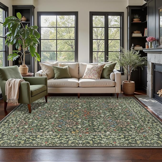 GENIMO 9x12 Washable Area Rug, Non-Slip Vintage Boho Floral Carpet, Soft Low-Pile Thin Large Living Room Rug for Bedroom, Dining Room, Nursery, Emerald Green