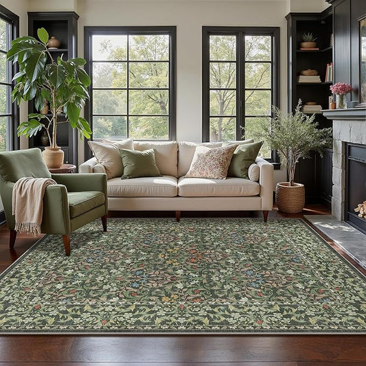 GENIMO 9x12 Washable Area Rug, Non-Slip Vintage Boho Floral Carpet, Soft Low-Pile Thin Large Living Room Rug for Bedroom, Dining Room, Nursery, Emerald Green