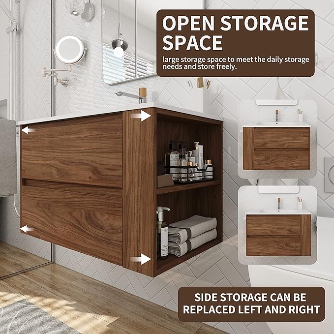 Goujxcy 30" Wall Mounted Bathroom Vanity with Sink, Modern Floating Bathroom Cabinet with White Gel Basin and Storage Drawer/Adjustable Side Shelf, Soft-Closing Door Wood Hanging Bath Room Cabinet